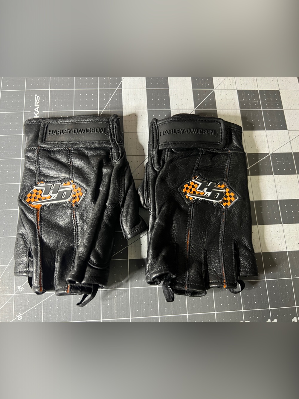 Harley-Davidson Black Leather Fingerless Riding Gloves with Orange Accent